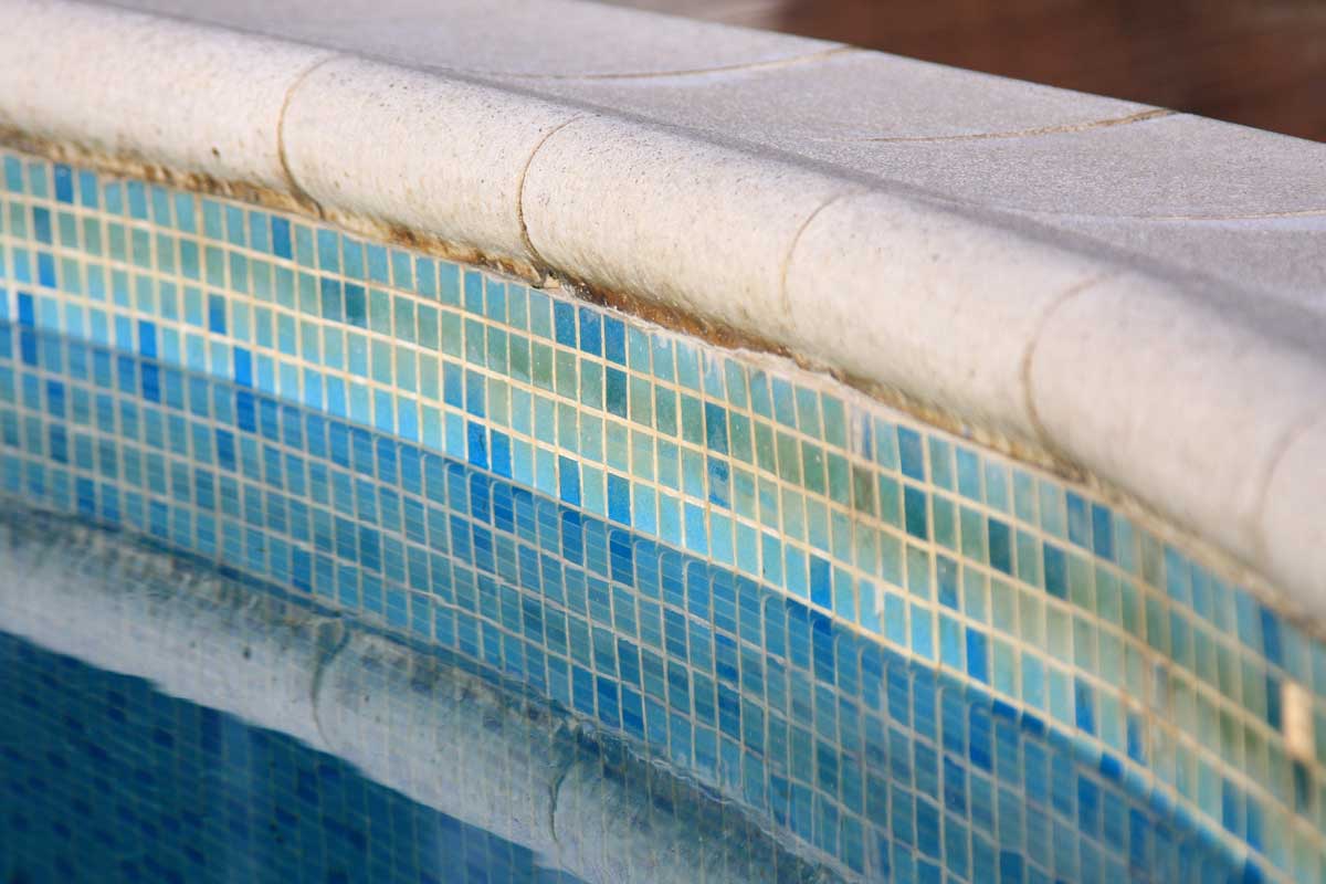 Mineral buildup along pool coping and waterline tile